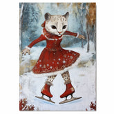 Whimsical Christmas Wall Art of Ice-Skating Cougar in Red Dress Gliding Through a Snowy Woodland Scene – Holiday Decor for Winter Charm and Animal Lovers on Ready to Hang 1.5" Thick Canvas Wrap, Floating Framed Canvas, Flat Rolled Canvas