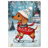 Whimsical Dachshund Dog Ice Skating in Red Holiday Sweater and Festive Hat Adorable Winter Christmas Art for Dog Lovers and Seasonal Home Décor on Ready to Hang 1.5" Thick Canvas Wrap, Floating Framed Canvas, Flat Rolled Canvas