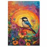 Chickadee Among Bright Wildflowers with Radiant Rainbow Sunburst Background on Ready to Hang 1.5" Thick Canvas Wrap, Floating Framed Canvas, Flat Rolled Canvas