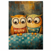 Whimsical Painting of Two Cute Colorful Owls in Sweaters Sitting Together on a Cozy Blanket in a Textured Artistic Style on Ready to Hang 1.5" Thick Canvas Wrap, Floating Framed Canvas, Flat Rolled Canvas