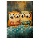 Whimsical Painting of Two Cute Colorful Owls in Sweaters Sitting Together on a Cozy Blanket in a Textured Artistic Style on Ready to Hang 1.5" Thick Canvas Wrap, Floating Framed Canvas, Flat Rolled Canvas