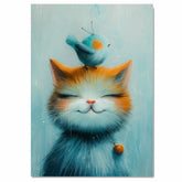 Adorable Painting of a Smiling Kitten with a Blue Bird on Its Head and Bell Collar Ideal for Whimsical Nursery Decor or Cat and Animal Lovers' Gifts on Ready to Hang 1.5" Thick Canvas Wrap, Floating Framed Canvas, Flat Rolled Canvas