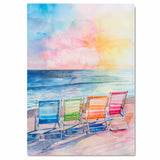 Watercolor Painting of Rainbow Colored Beach Chairs on a Peaceful Shoreline Overlooking a Vibrant Ocean Sunset Sky on Ready to Hang 1.5" Thick Canvas Wrap, Floating Framed Canvas, Flat Rolled Canvas