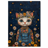 Cute Cat in Overalls with Flower Crown Whimsical Hand Painted Floral Art Night Sky Wall Decor for Nursery Kids Room Bedroom or Gift for Cat Lovers on Ready to Hang 1.5" Thick Canvas Wrap, Floating Framed Canvas, Flat Rolled Canvas