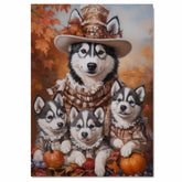 Autumn Charm: Siberian Husky Mom and Her Three Puppies in Victorian Elegance on Ready to Hang 1.5" Thick Canvas Wrap, Floating Framed Canvas, Flat Rolled Canvas