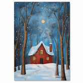 Cozy Red House in Snowy Forest at Night with Glowing Windows, Moonlit Sky, and Tall Trees Covered in Falling Snow on Ready to Hang 1.5" Thick Canvas Wrap, Floating Framed Canvas, Flat Rolled Canvas