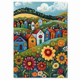 Colorful Folk Art Canvas – Bright Village Houses and Whimsical Wildflowers on Rolling Green Hills on Ready to Hang 1.5" Thick Canvas Wrap, Floating Framed Canvas, Flat Rolled Canvas