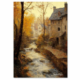 Autumnal Stream by the Cottage – Rustic Fall Landscape Oil Painting Print on Ready to Hang 1.5" Thick Canvas Wrap, Floating Framed Canvas, Flat Rolled Canvas