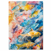 Colorful Watercolor Fish School Underwater Scene with Bright Tropical Marine Life in Abstract Ocean Palette on Ready to Hang 1.5" Thick Canvas Wrap, Floating Framed Canvas, Flat Rolled Canvas
