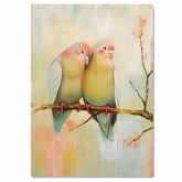 Charming Lovebirds Sitting Close on a Branch with Warm Pastel Floral Background on Ready to Hang 1.5" Thick Canvas Wrap, Floating Framed Canvas, Flat Rolled Canvas