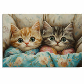 Painting of Two Cute Kittens Snuggled in Colorful Floral Blankets with Big Eyes and Soft Fur in a Cozy Bed Surrounded by Pillows in a Warm Whimsical Setting on Ready to Hang 1.5" Thick Canvas Wrap, Floating Framed Canvas, Flat Rolled Canvas