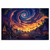 Magical 4th of July Village at Sunset with American Flags and Swirling Galaxy Sky, Glowing Homes and Patriotic Charm in a Dreamy Celebration of Freedom on Ready to Hang 1.5" Thick Canvas Wrap, Floating Framed Canvas, Flat Rolled Canvas