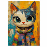 Cute Wide-Eyed Cat in Colorful Patchwork Pajamas on Bold Background Expressive Brushstroke Art Print for Nursery Bedroom or Whimsical Animal Wall Decor on Ready to Hang 1.5" Thick Canvas Wrap, Floating Framed Canvas, Flat Rolled Canvas