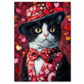 Love & Grace: Tuxedo Cat in a Heart-Adorned Floral Hat and Suit - Sophisticated Valentine's Painting on Ready to Hang 1.5" Thick Canvas Wrap, Floating Framed Canvas, Flat Rolled Canvas