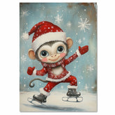 Whimsical Christmas Monkey Ice Skating in Festive Red Outfit and Santa Hat – Cheerful Holiday Animal Art for Winter Nursery Decor, Gifting, and Seasonal Joy on Ready to Hang 1.5" Thick Canvas Wrap, Floating Framed Canvas, Flat Rolled Canvas