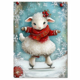Whimsical Christmas Lamb Ice Skating with Red Sweater and Holly Crown – Sweet Winter Animal Illustration for Holiday Nursery Decor, Gifts, or Seasonal Joy on Ready to Hang 1.5" Thick Canvas Wrap, Floating Framed Canvas, Flat Rolled Canvas