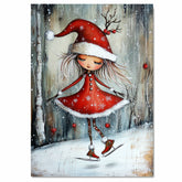 Christmas Witch Ice Skating Print – Whimsical Red Dress & Antler Hat Holiday Art, Winter Fairy Girl Wall Decor, Enchanted Snow Scene for Kids Room or Nursery on Ready to Hang 1.5" Thick Canvas Wrap, Floating Framed Canvas, Flat Rolled Canvas