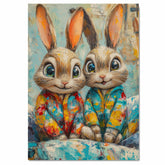 Two Cute Bunnies with Big Eyes in Colorful Pajamas on Bed Expressive Brushstroke Art Print for Nursery Bedroom or Whimsical Animal Lovers Wall Decor on Ready to Hang 1.5" Thick Canvas Wrap, Floating Framed Canvas, Flat Rolled Canvas