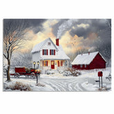 Winter Farmhouse – Cozy Snow-Covered Country Home with Red Barn and Sleigh Wall Art Print on Ready to Hang 1.5" Thick Canvas Wrap, Floating Framed Canvas, Flat Rolled Canvas
