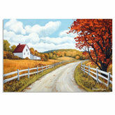 Autumn Country Road with Red Barn Tree – Folk Art Landscape Print of Peaceful Farmhouse Scene on Ready to Hang 1.5" Thick Canvas Wrap, Floating Framed Canvas, Flat Rolled Canvas