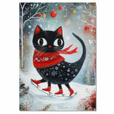 Christmas Wall Art Featuring Big-Eyed Black Cat Ice Skating in Snowy Forest with Red Scarf and Boots Whimsical Holiday Illustration for Winter Decor and Cat Lovers on Ready to Hang 1.5" Thick Canvas Wrap, Floating Framed Canvas, Flat Rolled Canvas