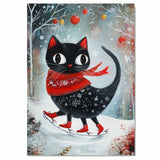 Christmas Wall Art Featuring Big-Eyed Black Cat Ice Skating in Snowy Forest with Red Scarf and Boots Whimsical Holiday Illustration for Winter Decor and Cat Lovers on Ready to Hang 1.5" Thick Canvas Wrap, Floating Framed Canvas, Flat Rolled Canvas