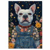 Whimsical Dog Wall Art French Bulldog in Floral Overalls for Nursery Decor Farmhouse Bedroom Art Playful Country Cottage Gifts for Dog Lovers and Kids on Ready to Hang 1.5" Thick Canvas Wrap, Floating Framed Canvas, Flat Rolled Canvas