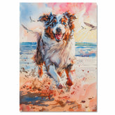 Watercolor Art of a Joyful Fluffy Dog Running on the Beach with Colorful Ocean Waves and Radiant Sky at Sunrise on Ready to Hang 1.5" Thick Canvas Wrap, Floating Framed Canvas, Flat Rolled Canvas