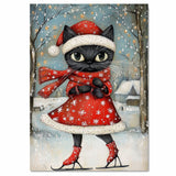 Christmas Wall Art Featuring Cute Black Cat in Red Santa Dress Ice Skating Through a Snowy Forest Whimsical Holiday Illustration for Winter Decor and Cat Lovers on Ready to Hang 1.5" Thick Canvas Wrap, Floating Framed Canvas, Flat Rolled Canvas