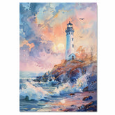 Majestic Lighthouse on Rocky Shore at Sunrise with Crashing Waves and Radiant Sky in Serene Watercolor Nautical Scene on Ready to Hang 1.5" Thick Canvas Wrap, Floating Framed Canvas, Flat Rolled Canvas