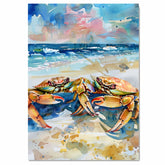 Watercolor Painting of Two Multicolored Crabs on Beach – Coastal Ocean Art Print with Sea and Sunset Background on Ready to Hang 1.5" Thick Canvas Wrap, Floating Framed Canvas, Flat Rolled Canvas