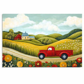 Farm Folk Art Print Featuring Red Vintage Truck Country Barn Rolling Hills and Wildflowers Whimsical Hand Painted Landscape for Rustic Wall Decor or Gift on Ready to Hang 1.5" Thick Canvas Wrap, Floating Framed Canvas, Flat Rolled Canvas