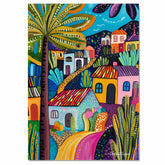 Vibrant Folk Art Canvas – Bold Colors and Abstract Village with Cacti and Palm Trees on Ready to Hang 1.5" Thick Canvas Wrap, Floating Framed Canvas, Flat Rolled Canvas