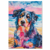Watercolor Painting of a Multicolored Dog at Sunset – Calm Coastal Pet Portrait Art Print for Beach and Dog Lovers on Ready to Hang 1.5" Thick Canvas Wrap, Floating Framed Canvas, Flat Rolled Canvas