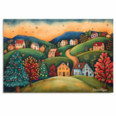 Charming Christmas Village at Sunset with Decorated Trees – Cozy Folk Art Landscape Painting on Ready to Hang 1.5" Thick Canvas Wrap, Floating Framed Canvas, Flat Rolled Canvas