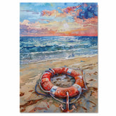 Watercolor Painting of a Life Ring and Anchor on the Beach with Ocean Waves and a Colorful Coastal Sunset Sky on Ready to Hang 1.5" Thick Canvas Wrap, Floating Framed Canvas, Flat Rolled Canvas