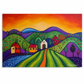 Vibrant Christmas Hillside with Whimsical Homes, Colorful Trees, and a Radiant Sunset in Bold Folk Art Style on Ready to Hang 1.5" Thick Canvas Wrap, Floating Framed Canvas, Flat Rolled Canvas