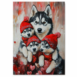 Warm Embrace: Siberian Husky Mom and Her Three Puppies in Cozy Red Scarves and Hats on Ready to Hang 1.5" Thick Canvas Wrap, Floating Framed Canvas, Flat Rolled Canvas