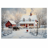 Charming Winter Painting of Snowy White Farmhouse, Red Barn, Horse and Wagon, and Glowing Lights at Dusk on Ready to Hang 1.5" Thick Canvas Wrap, Floating Framed Canvas, Flat Rolled Canvas