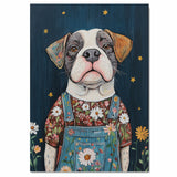 Charming Dog in Overalls and Floral Shirt Under Starry Sky Whimsical Dog Art Farmhouse Nursery Living Room Decor Perfect for Dog Lovers and Gift Ideas on Ready to Hang 1.5" Thick Canvas Wrap, Floating Framed Canvas, Flat Rolled Canvas
