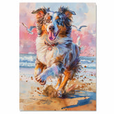 Watercolor Painting of a Happy Fluffy Dog Running on the Beach with Ocean Waves and Vibrant Pink Blue Sunset Sky on Ready to Hang 1.5" Thick Canvas Wrap, Floating Framed Canvas, Flat Rolled Canvas