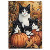 Autumn Whiskers: Black-and-White Cat Family Among Harvest Pumpkins on Ready to Hang 1.5" Thick Canvas Wrap, Floating Framed Canvas, Flat Rolled Canvas