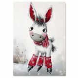 Whimsical Christmas Donkey Ice Skating in Red Scarf and Boots Canvas or Wall Art Print on Ready to Hang 1.5" Thick Canvas Wrap, Floating Framed Canvas, Flat Rolled Canvas