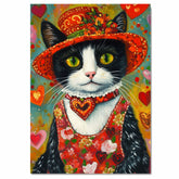 Romantic Whimsy: Tuxedo Cat in a Flowery Heart-Adorned Hat and Dress Enchanting Valentines Painting on Ready to Hang 1.5" Thick Canvas Wrap, Floating Framed Canvas, Flat Rolled Canvas