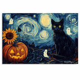 Black Cat Halloween Night – Spooky Pumpkin Patch Wall Art with Ghosts and Sunflowers on Ready to Hang 1.5" Thick Canvas Wrap, Floating Framed Canvas, Flat Rolled Canvas