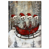 Whimsical Skeleton Christmas Sleigh Ride Art Print – Spooky Cute Holiday Decor with Santa Hats, Red Dresses & Snowy Forest, Vintage Gothic Winter Wall Art on Ready to Hang 1.5" Thick Canvas Wrap, Floating Framed Canvas, Flat Rolled Canvas