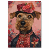 Rosy Elegance: Airedale Dog in a Flowery Red Top and Hat Amid Blooming Roses - Charming Floral Painting on Ready to Hang 1.5" Thick Canvas Wrap, Floating Framed Canvas, Flat Rolled Canvas