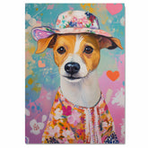 Charming Blooms: Jack Russell Dog in a Hearty Flowery Dress and Hat Whimsical Artwork on Ready to Hang 1.5" Thick Canvas Wrap, Floating Framed Canvas, Flat Rolled Canvas
