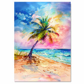 Watercolor Artwork of a Palm Tree on a Colorful Beach with Ocean Waves and Sunset Sky in Vibrant Tropical Hues on Ready to Hang 1.5" Thick Canvas Wrap, Floating Framed Canvas, Flat Rolled Canvas
