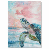 Watercolor Sea Turtle Swimming in Ocean with Pastel Sky and Gentle Waves in Coastal Marine Life Art Print on Ready to Hang 1.5" Thick Canvas Wrap, Floating Framed Canvas, Flat Rolled Canvas